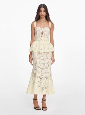 Self-Portrait Yellow Lace Peplum Midi Dress